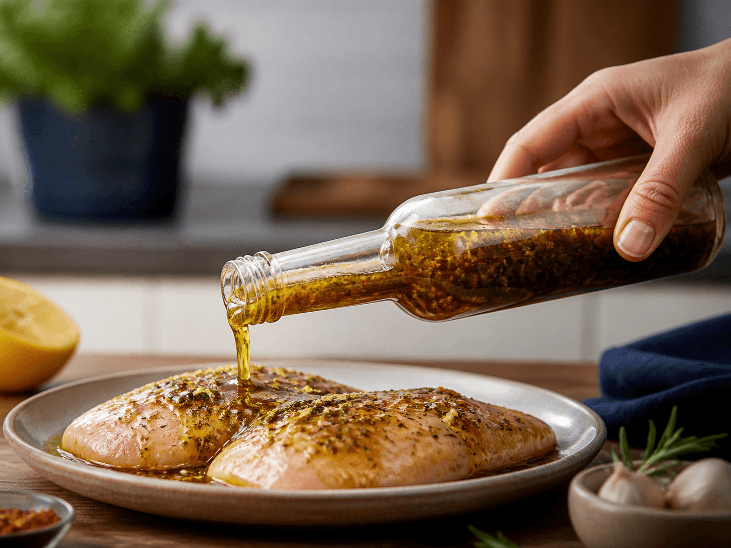 Woozy Bottle used for pourable marinades and table sauces in a textured recipe setting