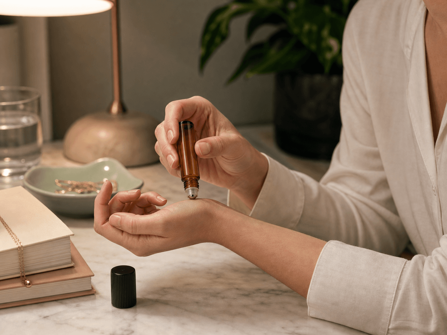 Aromatherapy Roller Bottle used for blends rolled onto wrists and temples in a everyday wellness setting