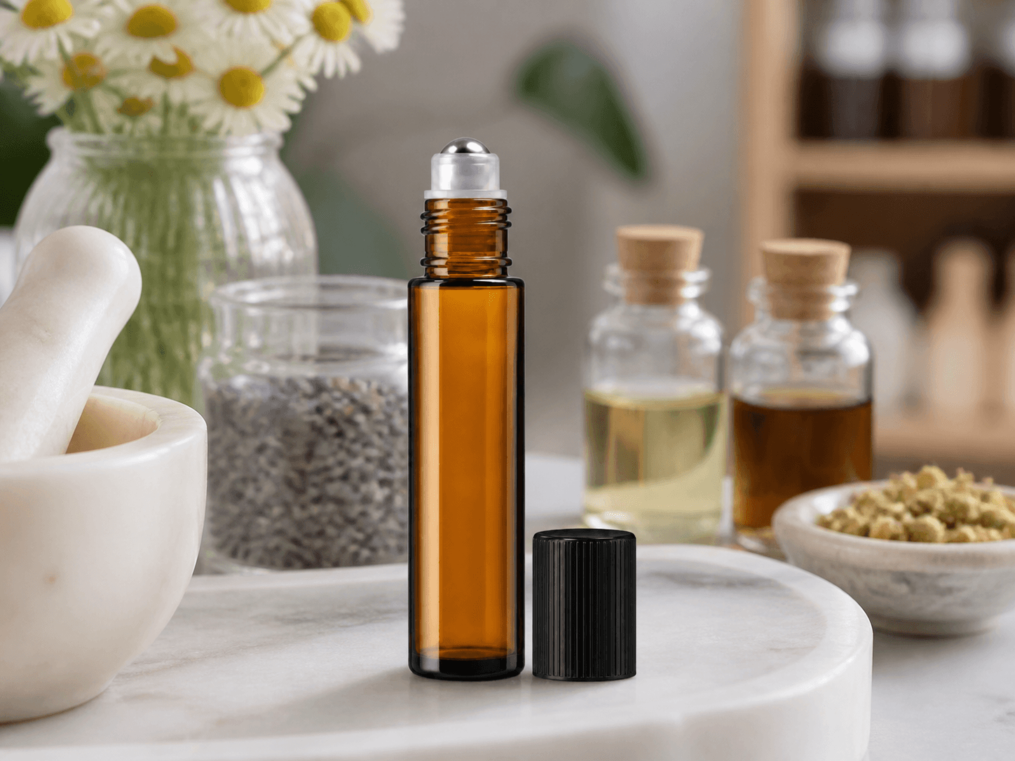 Aromatherapy Roller Bottle used for a roller sitting next to remedies in a wellness aisles setting