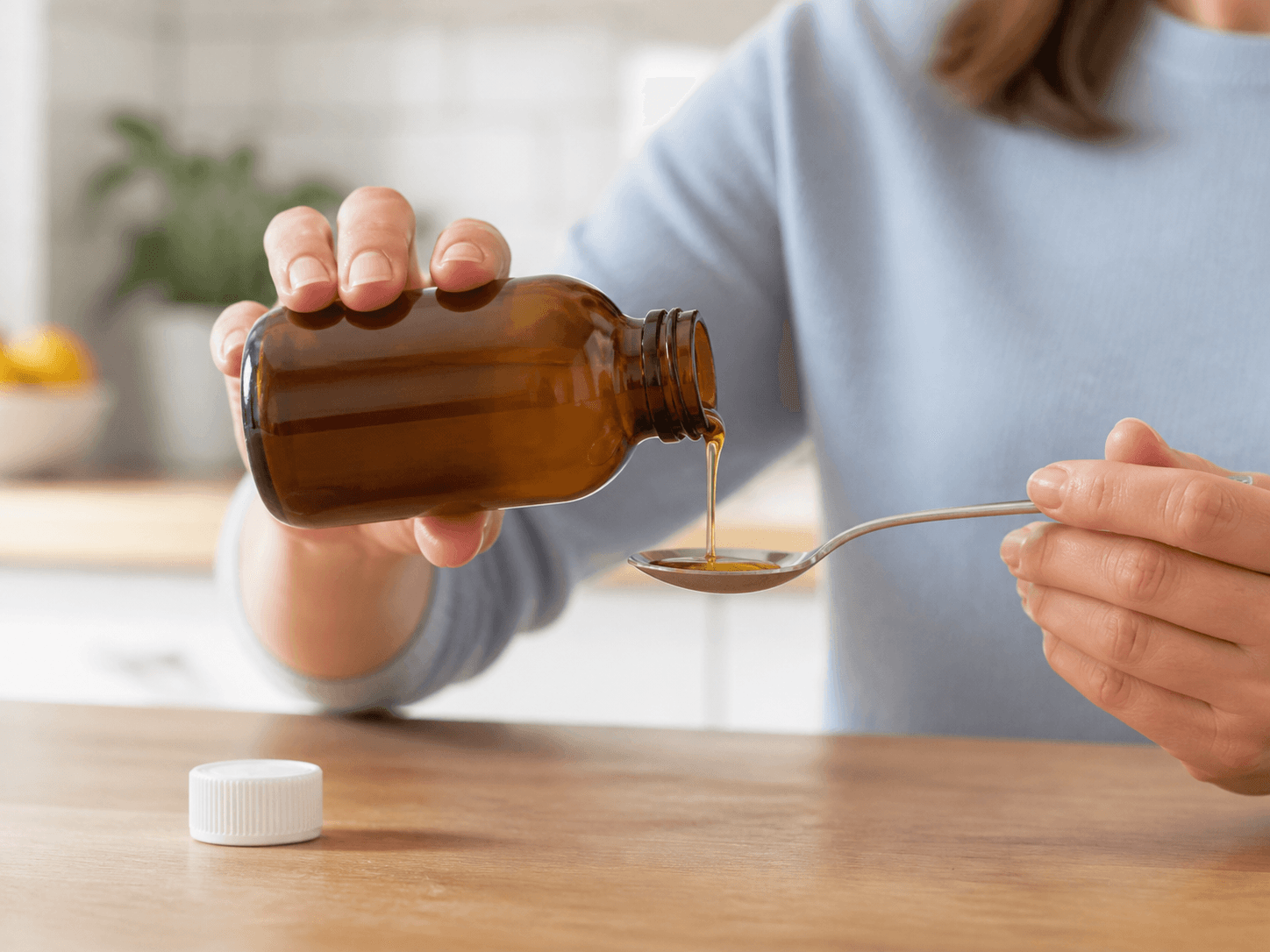 Cod Liver Oil Bottle used for oils taken by the spoonful at home in a daily supplement setting