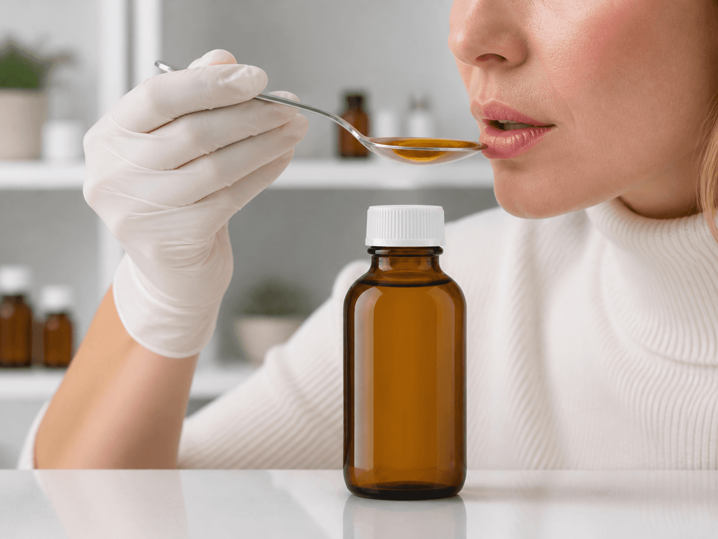 Cod Liver Oil Bottle used for a product judged in a single spoonful in a taste and trust setting