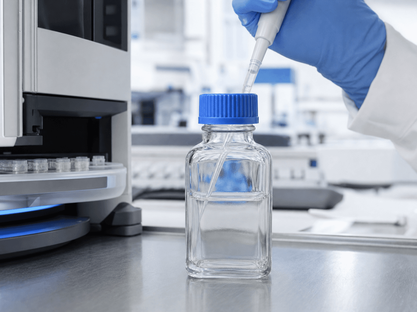 Diagnostic Reagent Bottle used for reagents drawn during a test run in a laboratory workflow setting