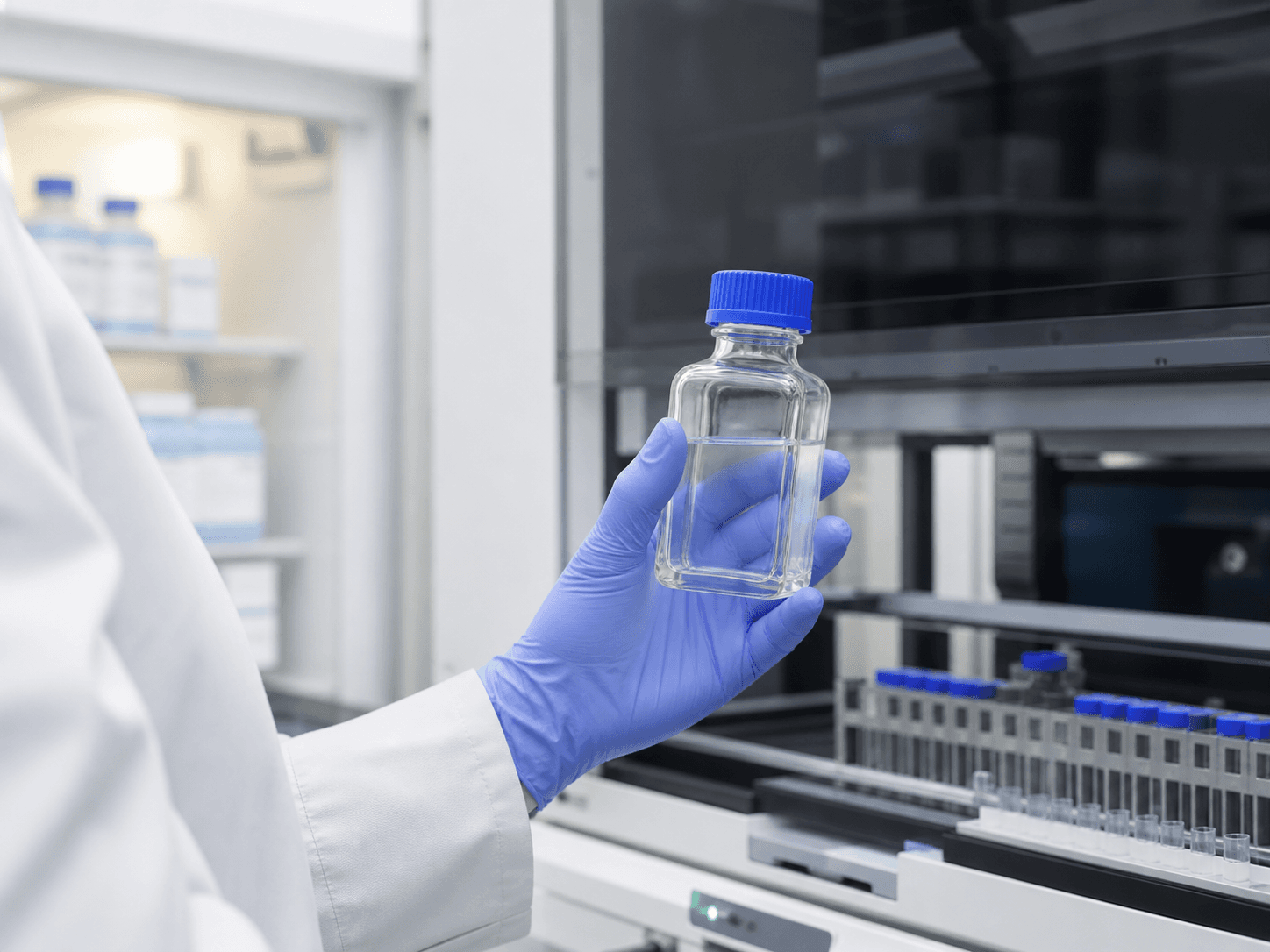 Diagnostic Reagent Bottle used for a bottle loaded by whoever is on shift in a analyzer racks setting