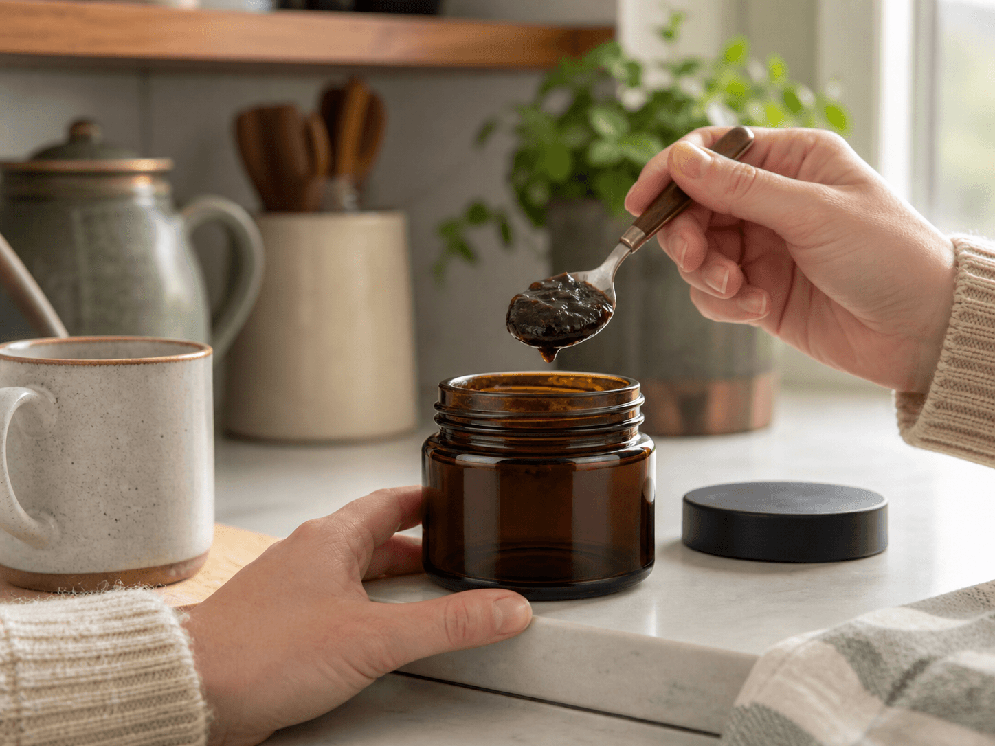 Herbal Paste Jar used for a jar spooned from over several months in a kitchen shelves setting