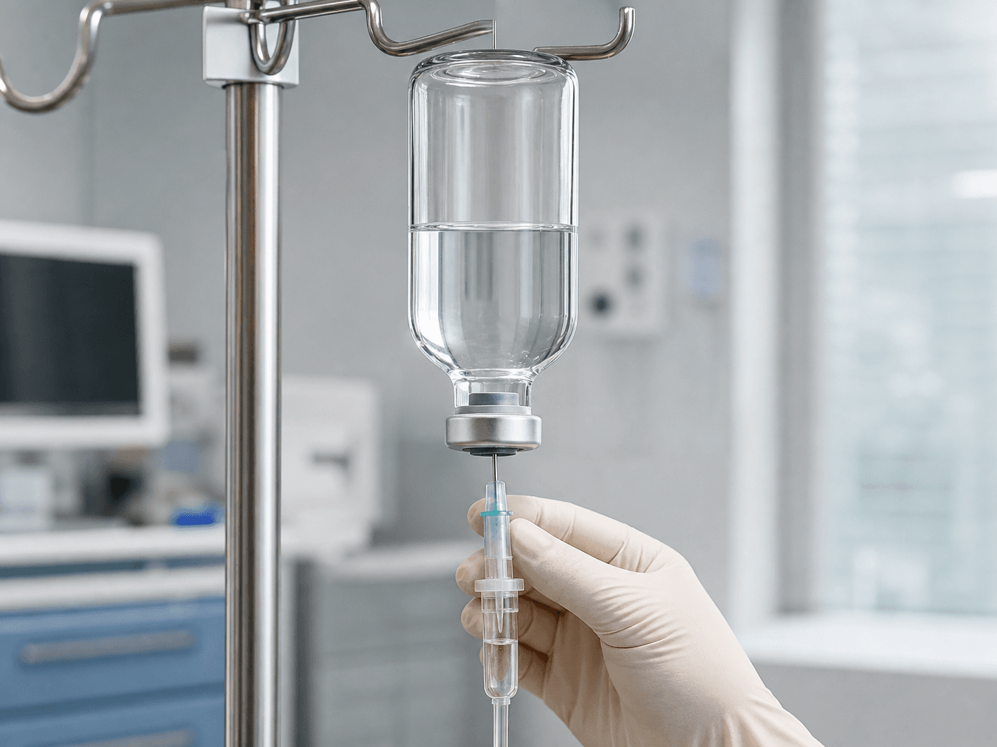 Infusion Bottle used for bottles hung and pierced by a giving set in a clinical administration setting