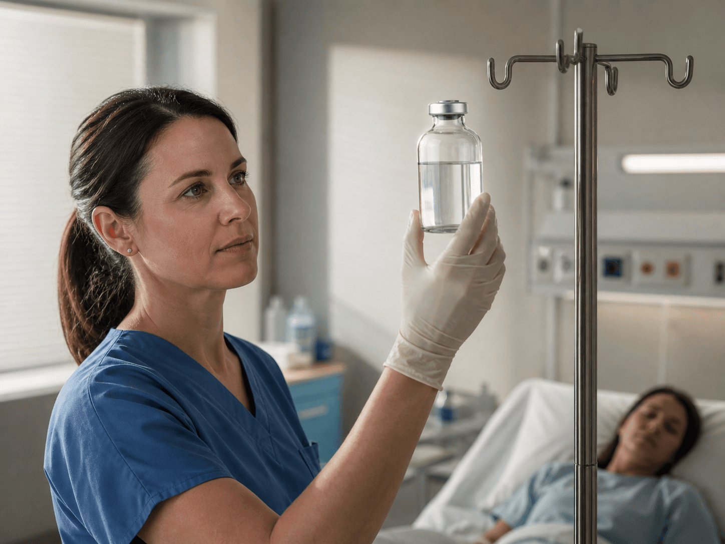 Infusion Bottle used for a bottle a nurse holds up before hanging it in a bedside checks setting