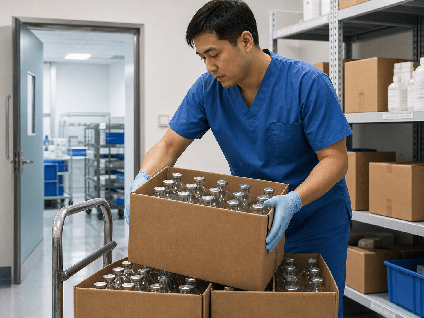 Large Volume Infusion Bottle used for cases lifted onto shelves by porters in a hospital stores setting