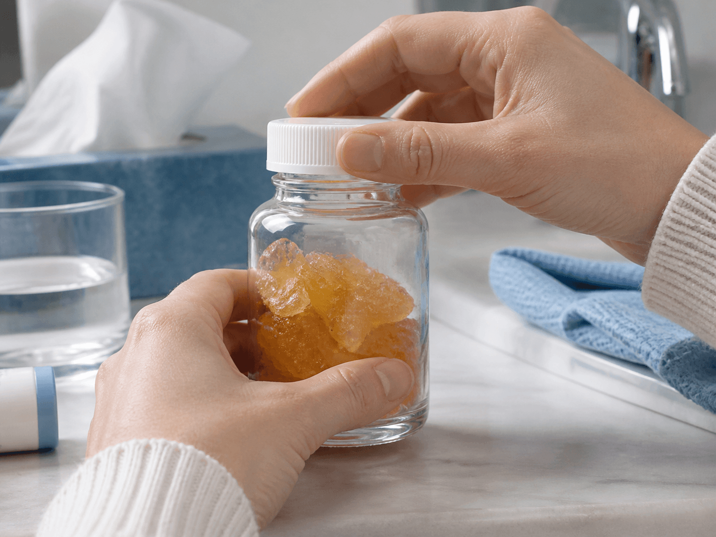 Lozenge Bottle used for sugar surfaces in a humid pocket in a sticking and moisture setting