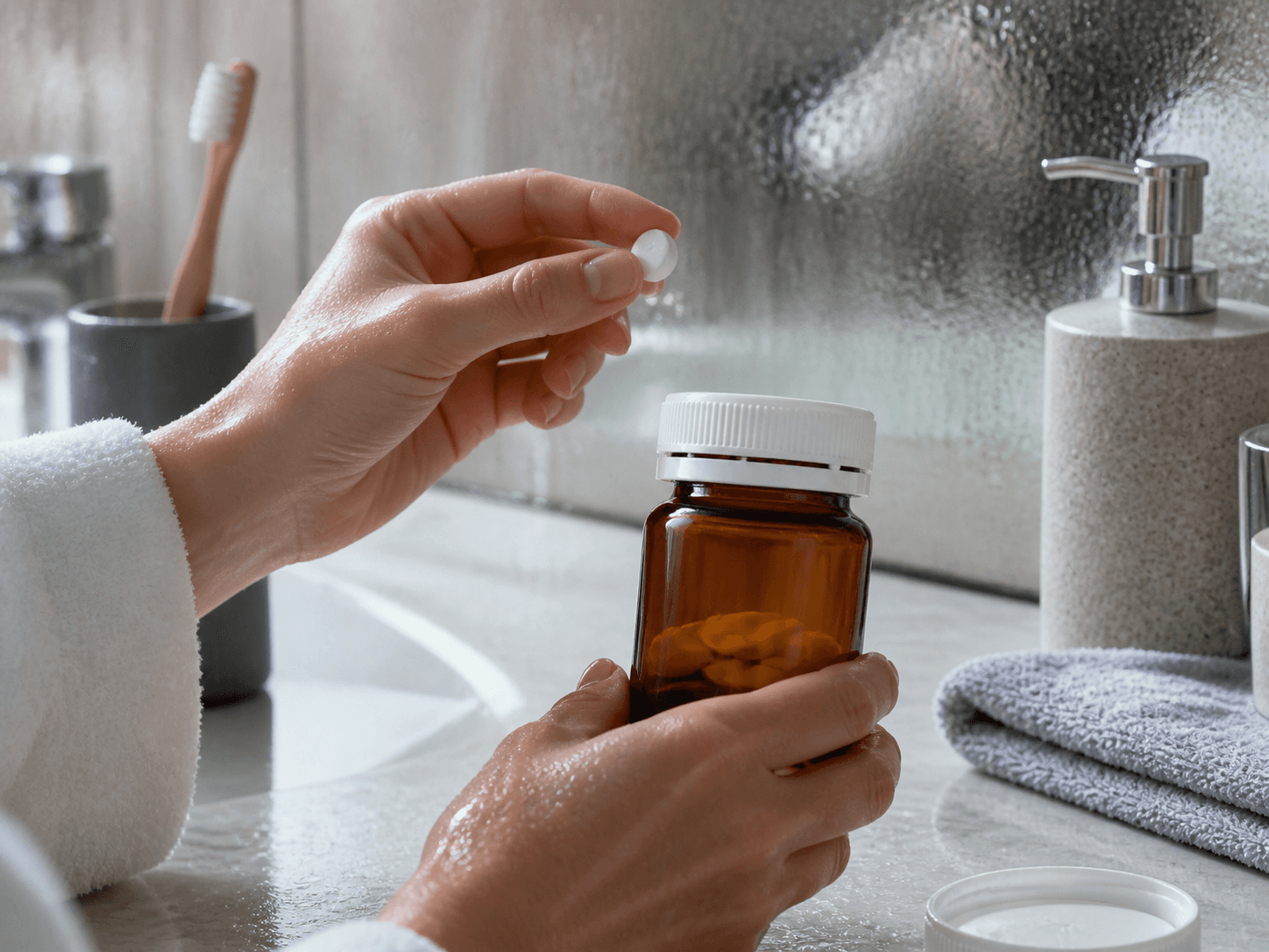 Pill / Tablet Bottle used for a bottle opened daily in humid air in a steamy bathrooms setting