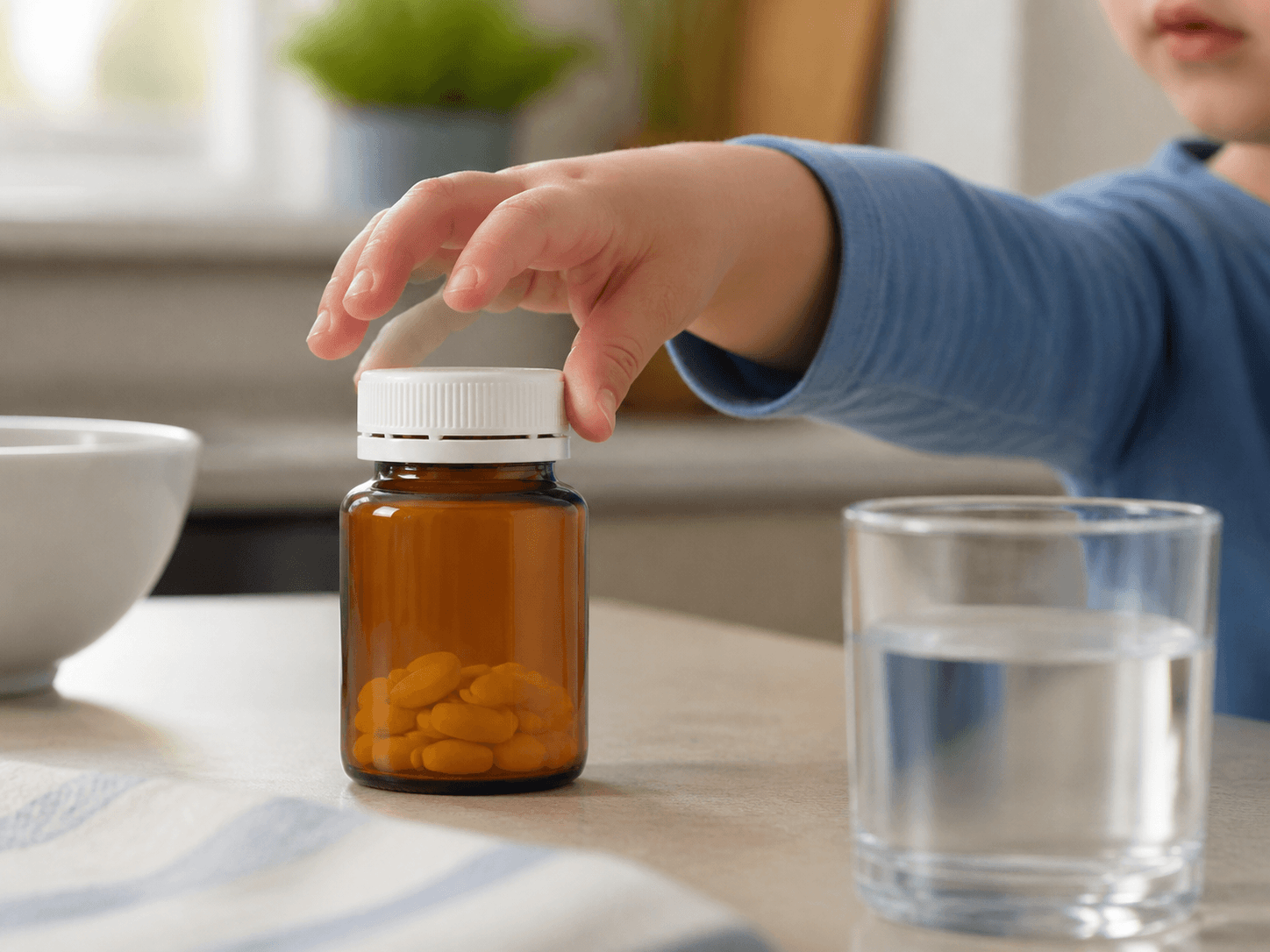 Pill / Tablet Bottle used for a bottle within reach of small hands in a homes with children setting