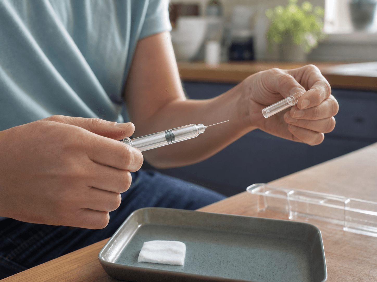 Prefilled Syringe used for a shield the patient pulls off, then covers in a self-injection at home setting