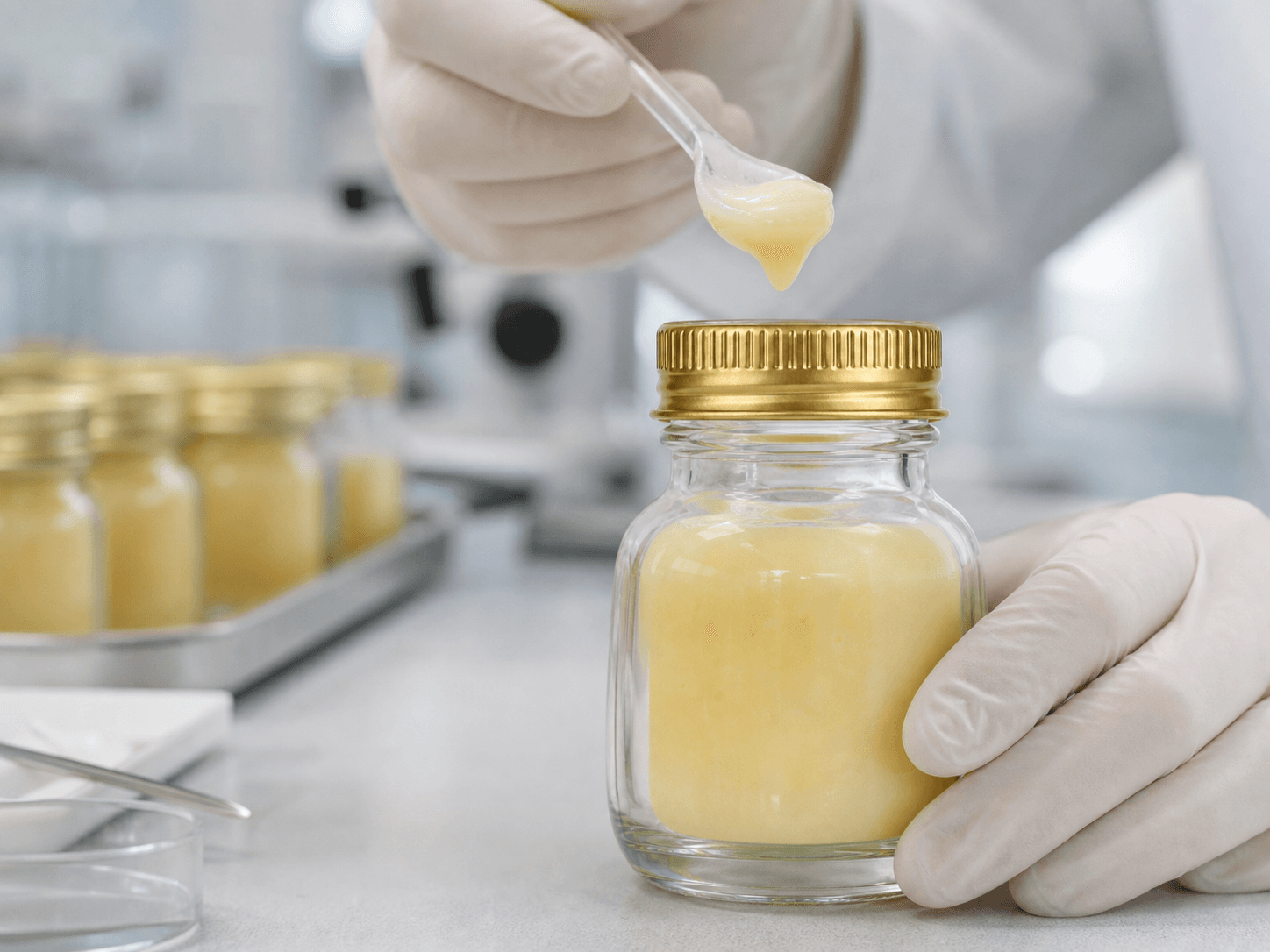 Royal Jelly Bottle used for products judged by their appearance in a fresh apiary products setting