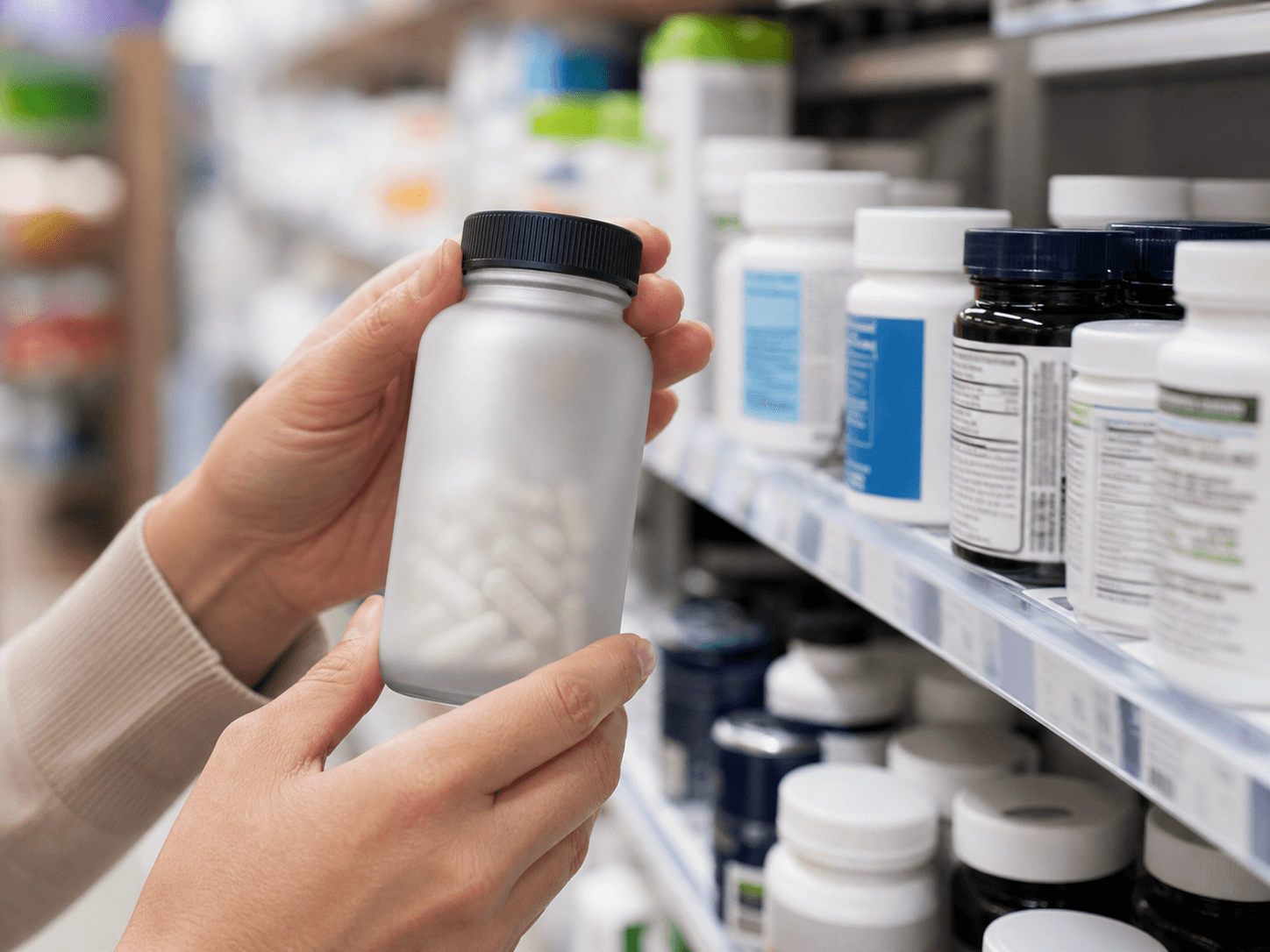 Supplement Bottle used for bottles chosen from a wall of competitors in a retail shelf setting