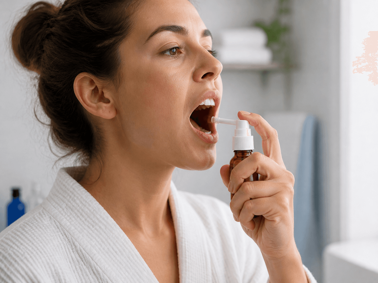 Throat Spray Bottle used for sprays aimed into an open mouth in a self-administration setting