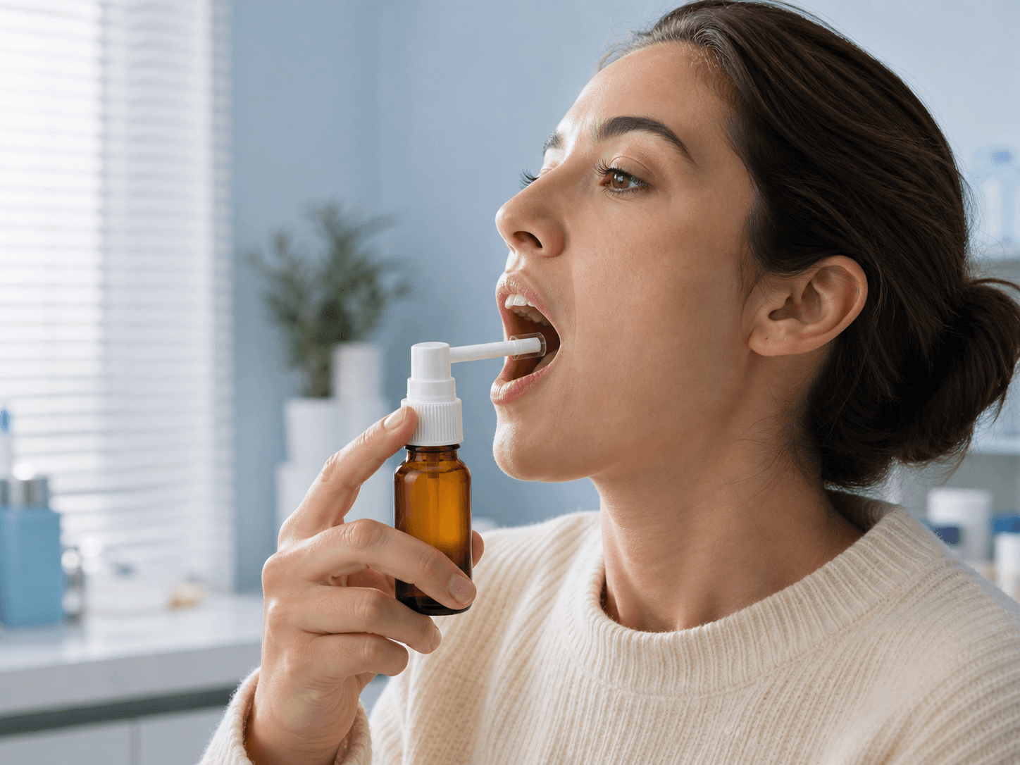 Throat Spray Bottle used for a product that lands on the tongue in a taste and dosing setting