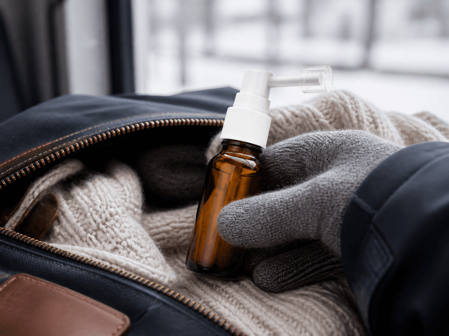 Throat Spray Bottle used for bottles kept in a bag through a cold in a carried packs setting