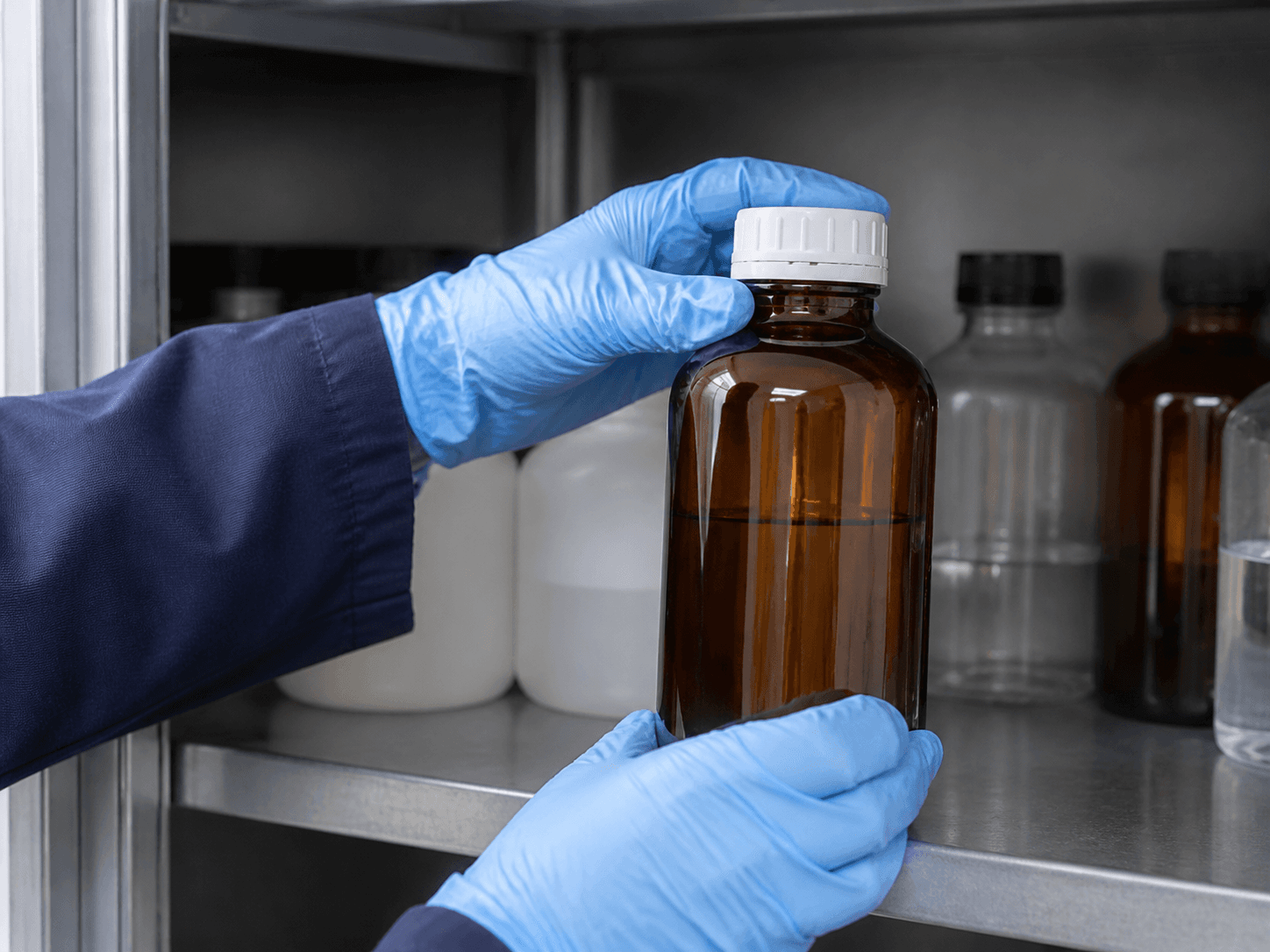Acid / Alkali Storage Bottle used for concentrated acids and bases on a shelf in a chemical storage setting