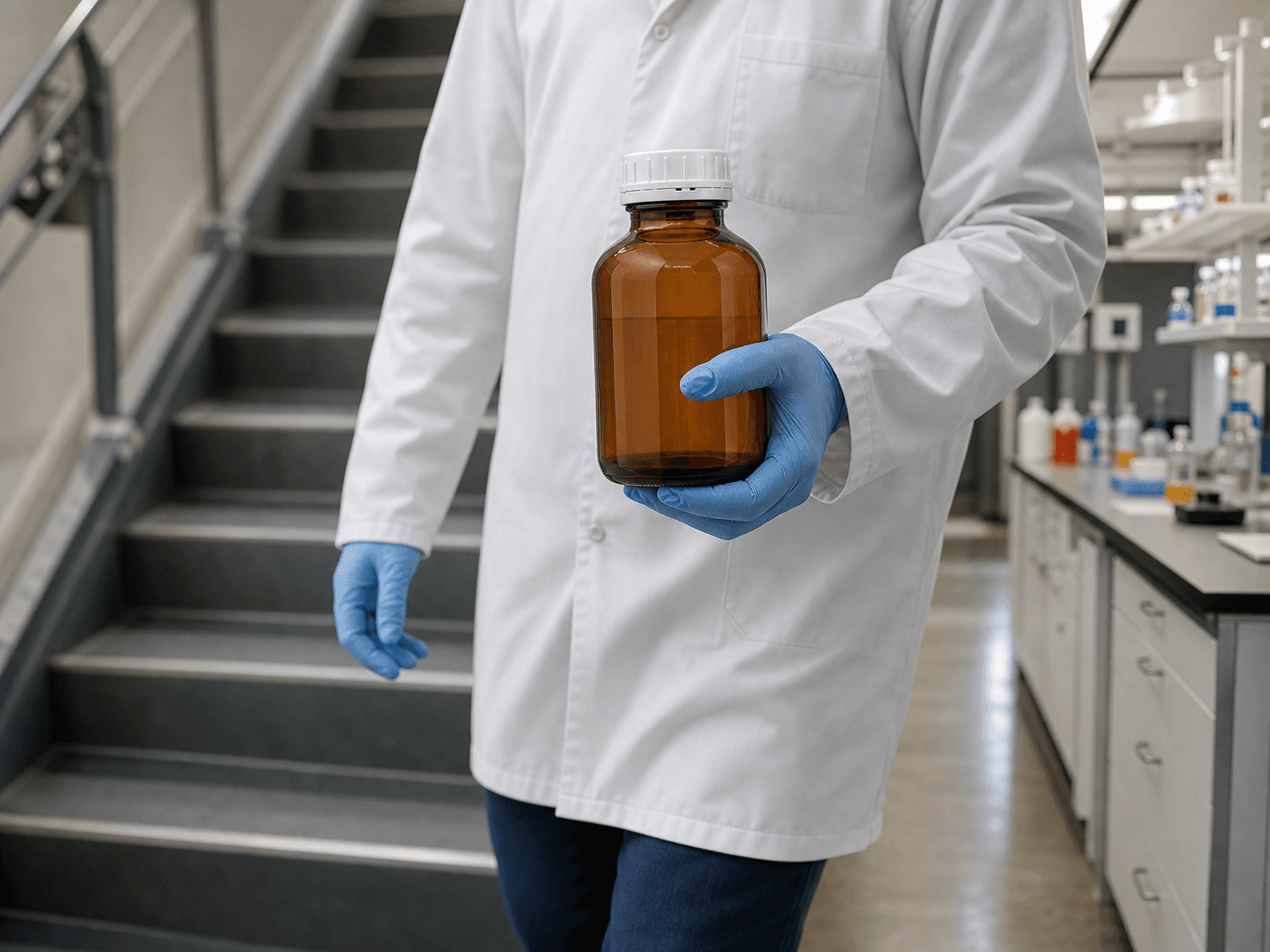 Acid / Alkali Storage Bottle used for a bottle carried from a store to a bench in a corridors and stairs setting