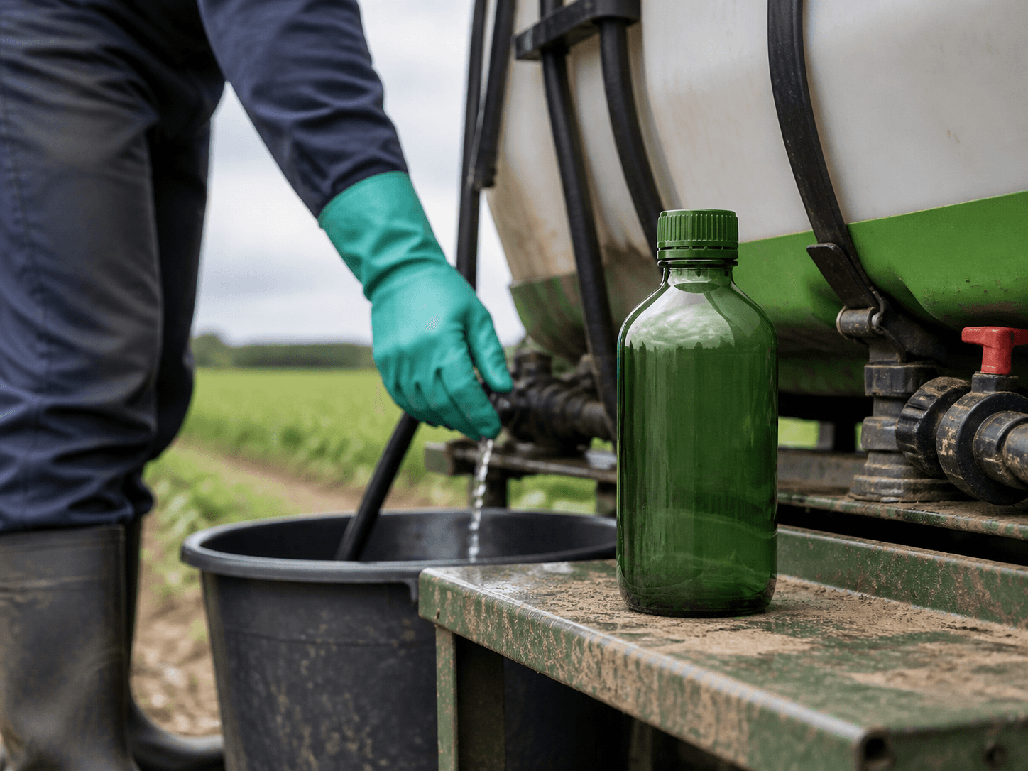 Agrochemical Bottle used for an empty bottle at the side of a sprayer in a field rinsing setting