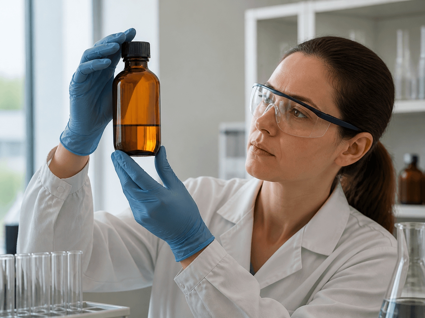 Amber Reagent Bottle used for an analyst holding a bottle to the light in a checks before use setting