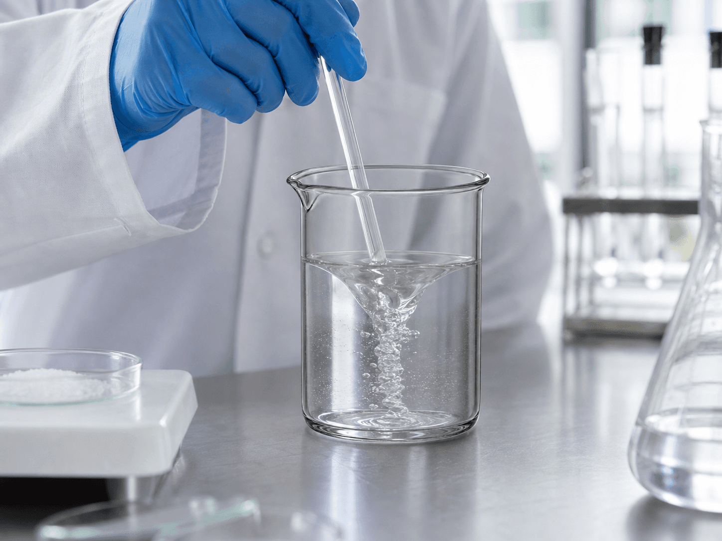 Beaker used for mixing and dissolving in the open in a bench preparation setting