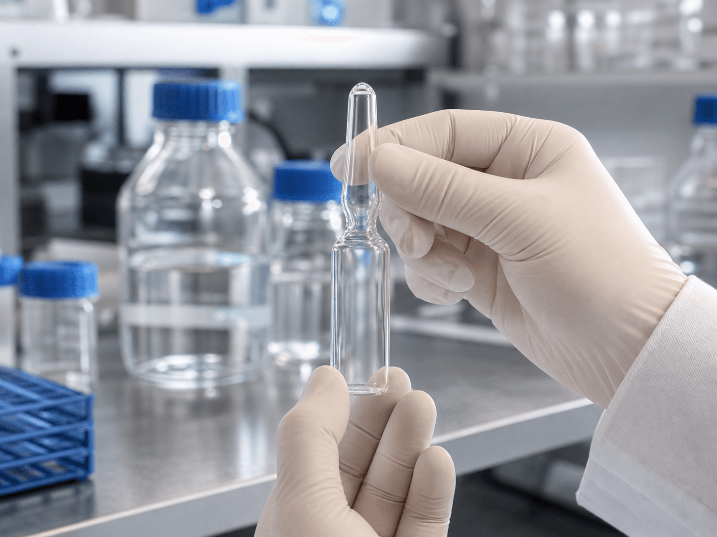 Chemical Ampoule used for a neck snapped open at the bench in a gloved hands setting