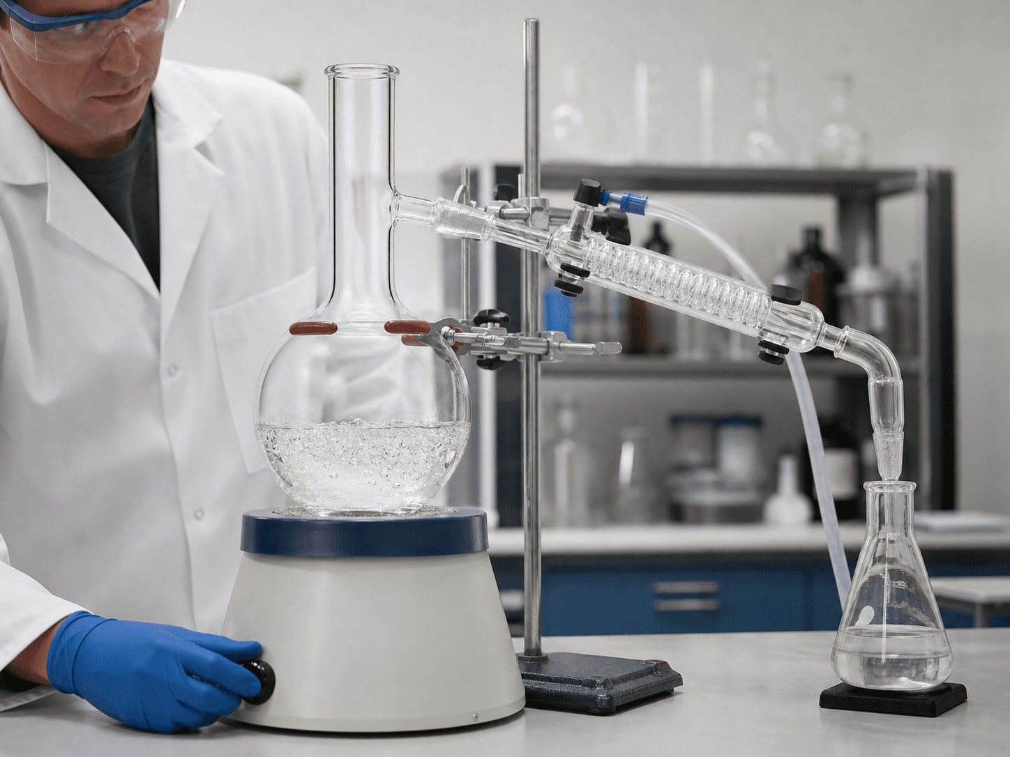 Distillation Flask used for distilling one liquid away from another in a purification benches setting