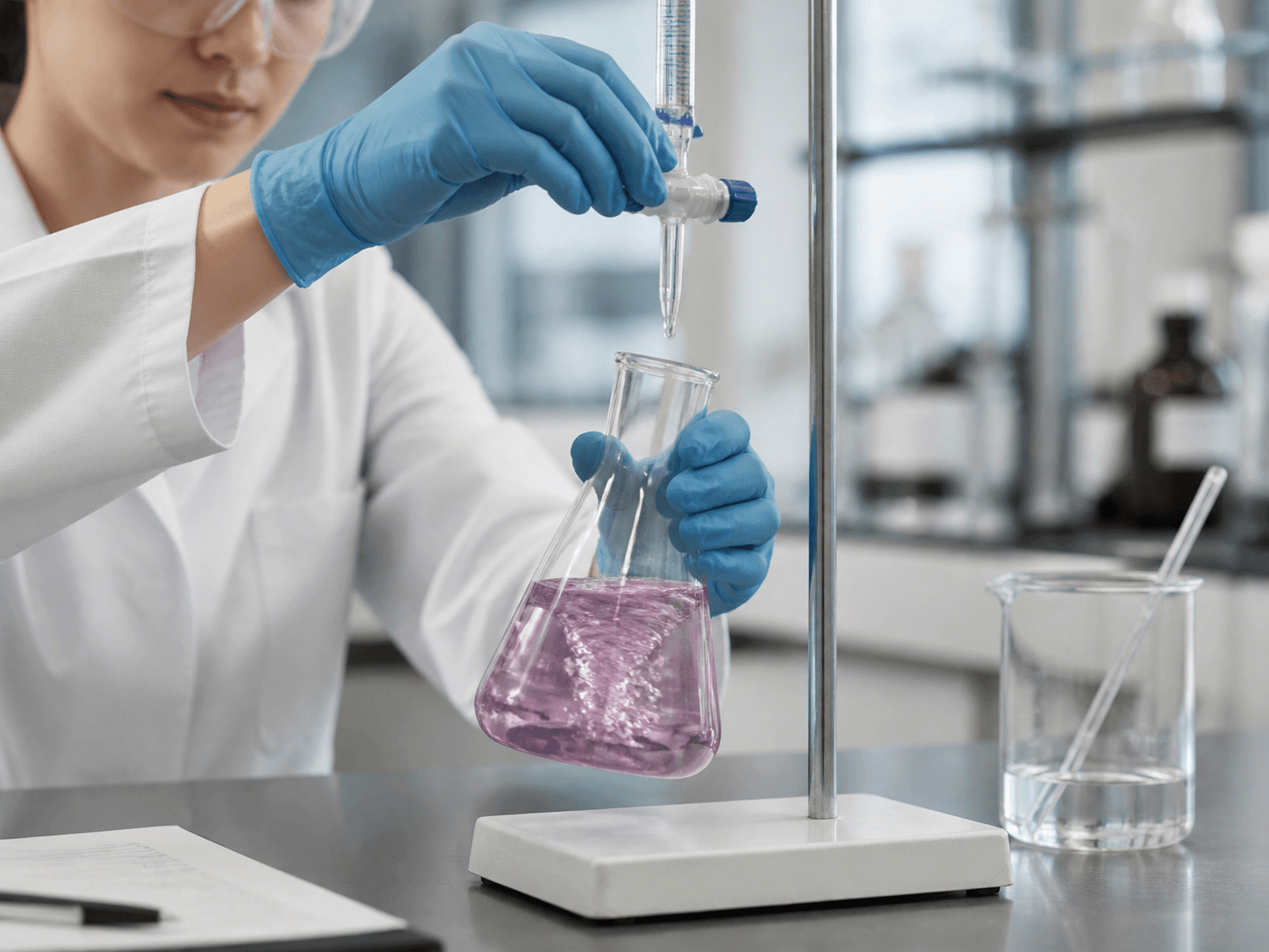 Erlenmeyer Flask used for flasks swirled continuously during a procedure in a titration setting