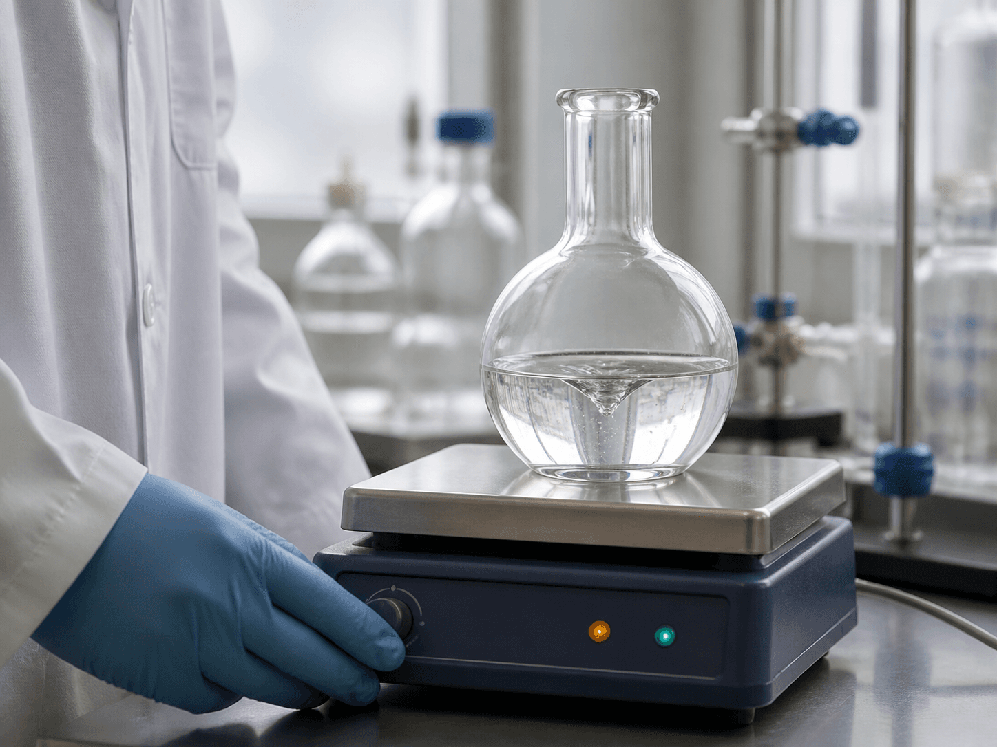 Flat-bottom Flask used for a flask a technician stands on the heat in a hotplates setting