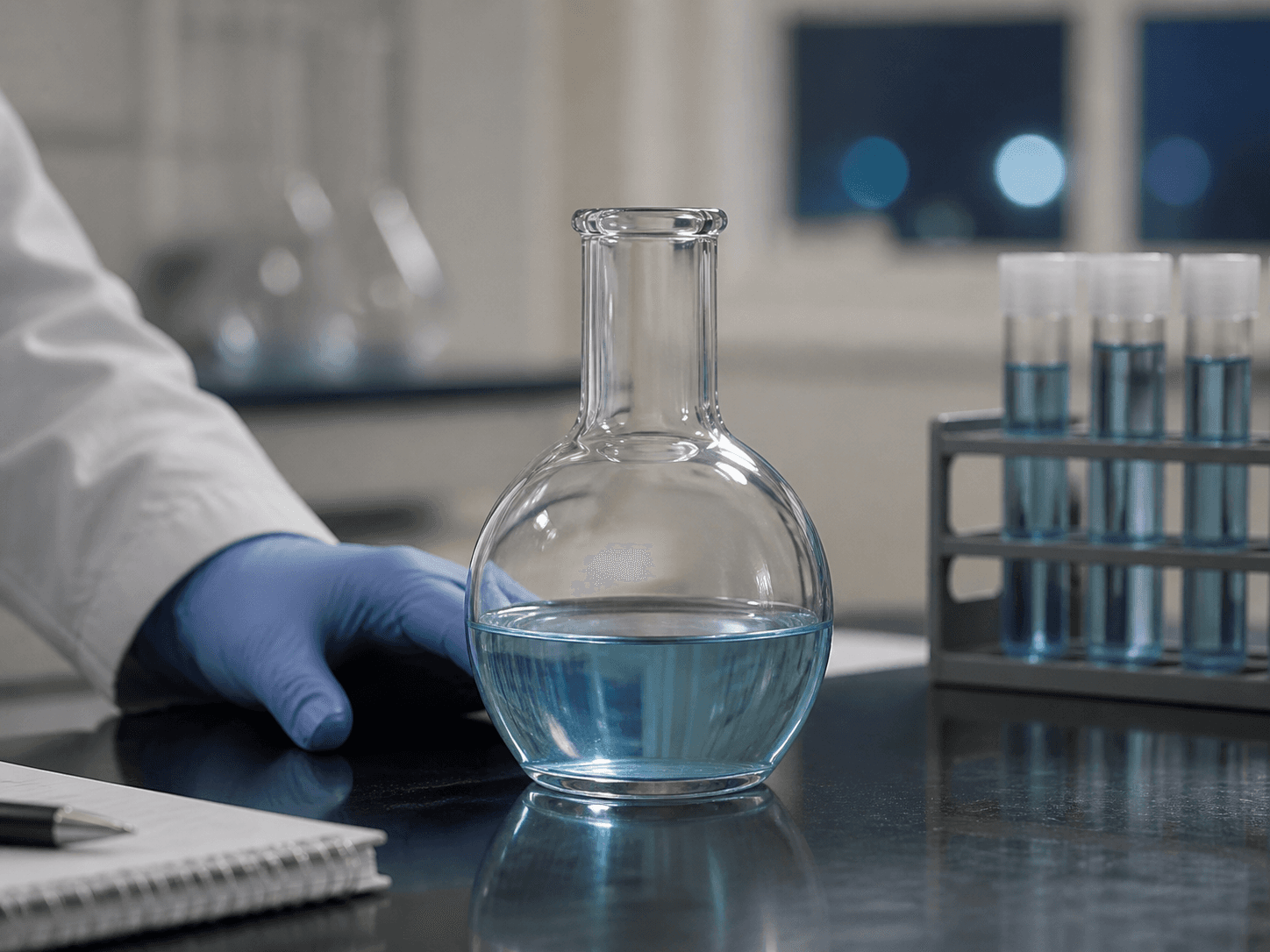 Flat-bottom Flask used for a preparation left until the next morning in a overnight benches setting