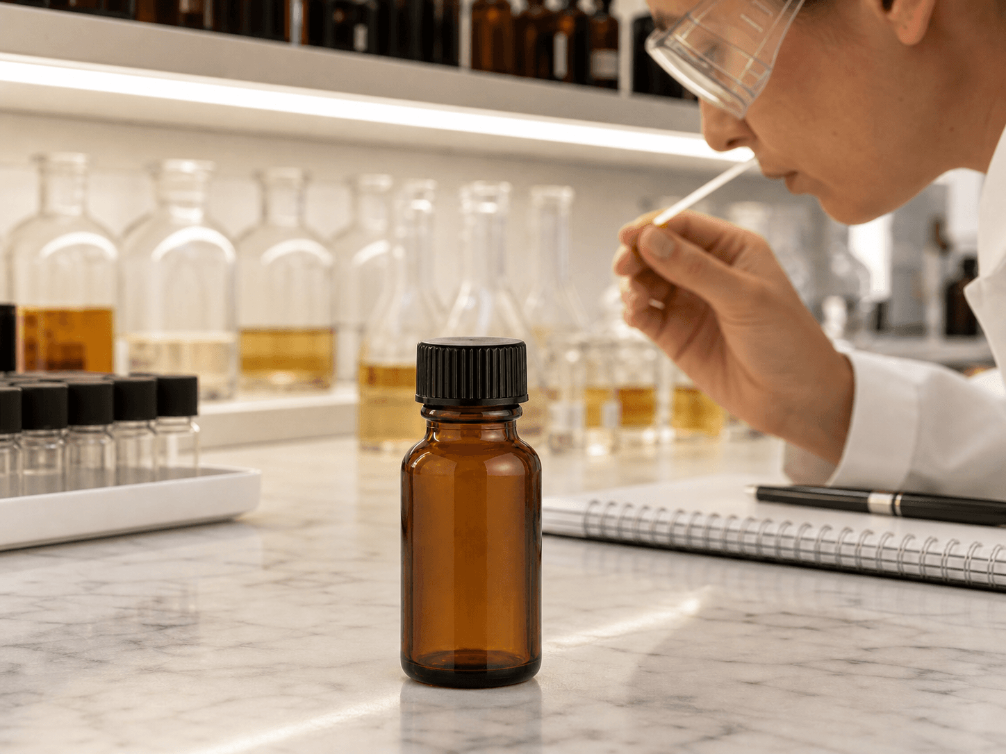 Flavor & Fragrance Bottle used for bottles kept open on a lit bench in a perfumers' organs setting
