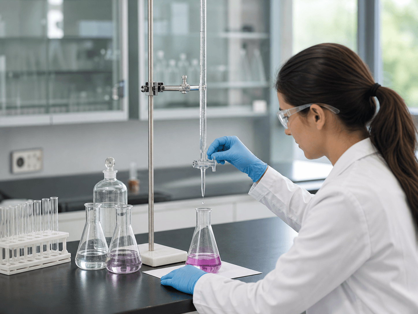 Glass Burette used for reagent added drop by drop to an endpoint in a titration setting