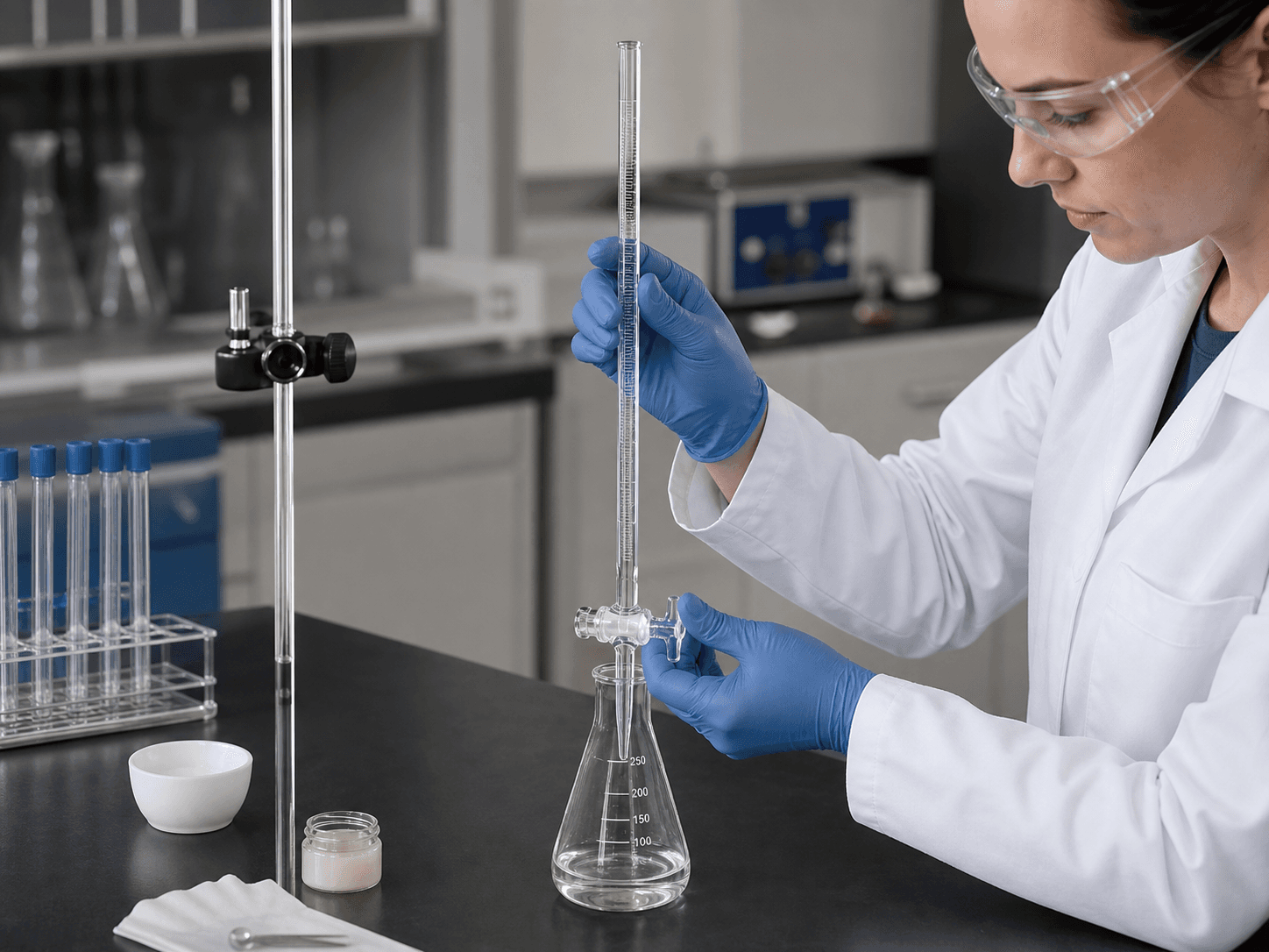 Glass Burette used for ground glass or polymer, and what each costs in a stopcock setting