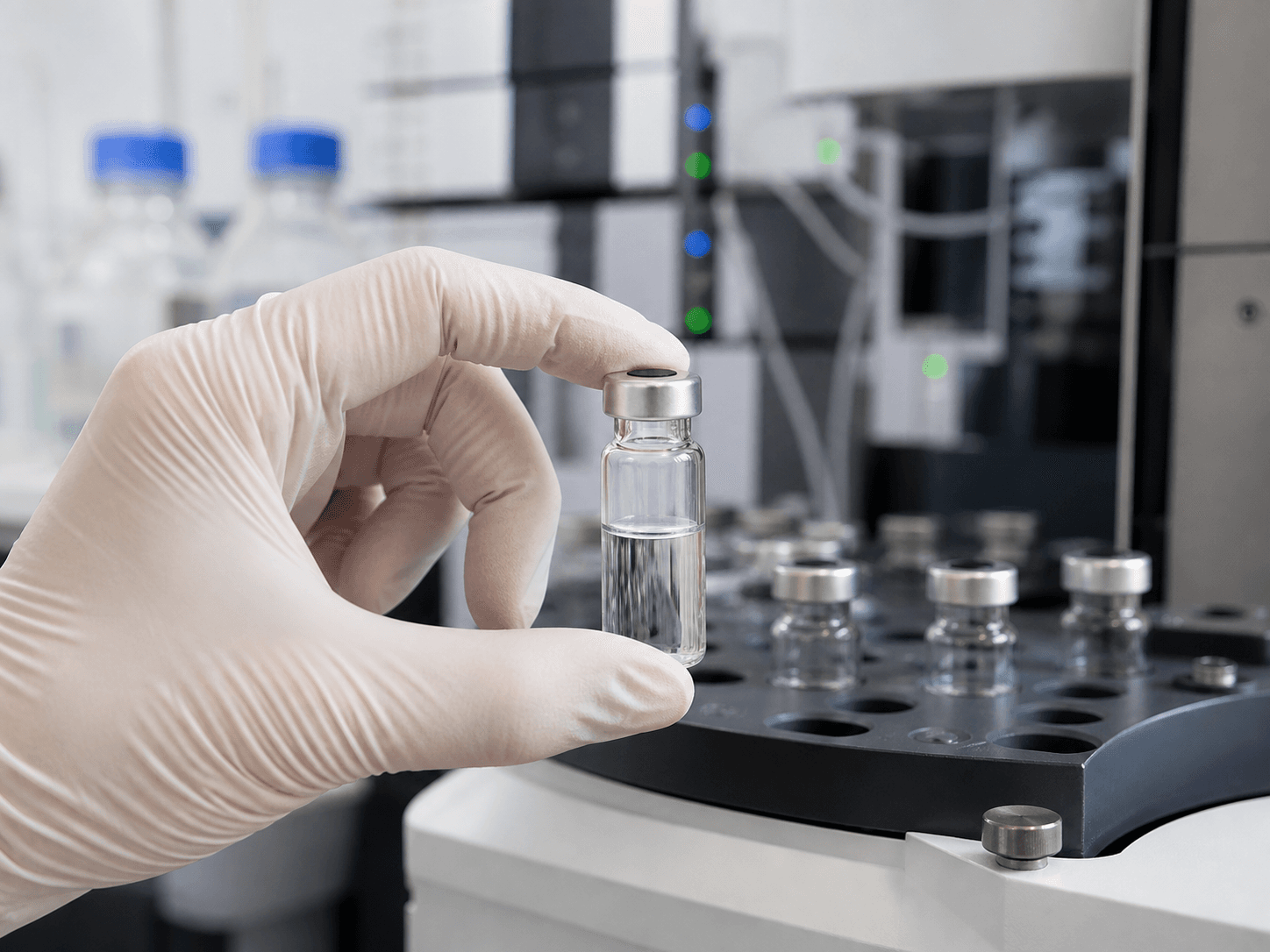 HPLC / Chromatography Vial used for trace and mass-spectrometry workflows in a sensitive analysis setting