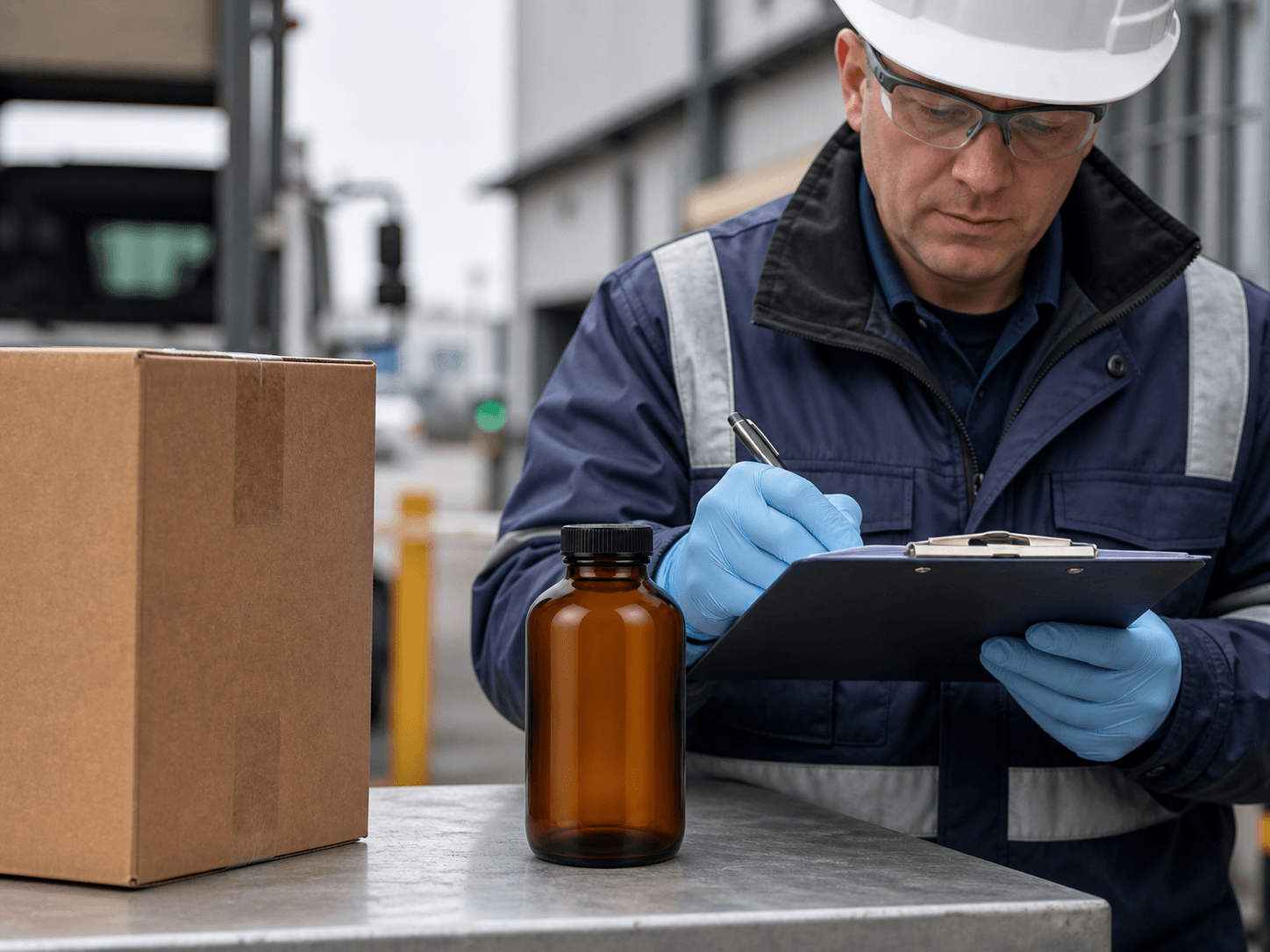 Industrial Chemical Bottle used for a delivery signed for at a plant gate in a goods-in bays setting