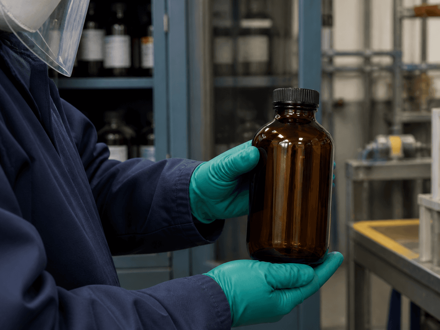 Industrial Chemical Bottle used for labels that must survive the chemical they name in a plant storerooms setting