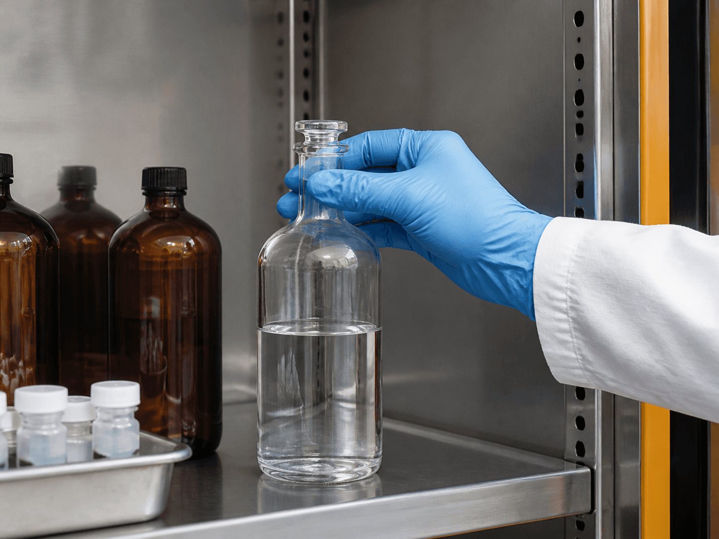 Narrow-mouth Reagent Bottle used for a bottle that stands closed for a year in a solvent cupboards setting