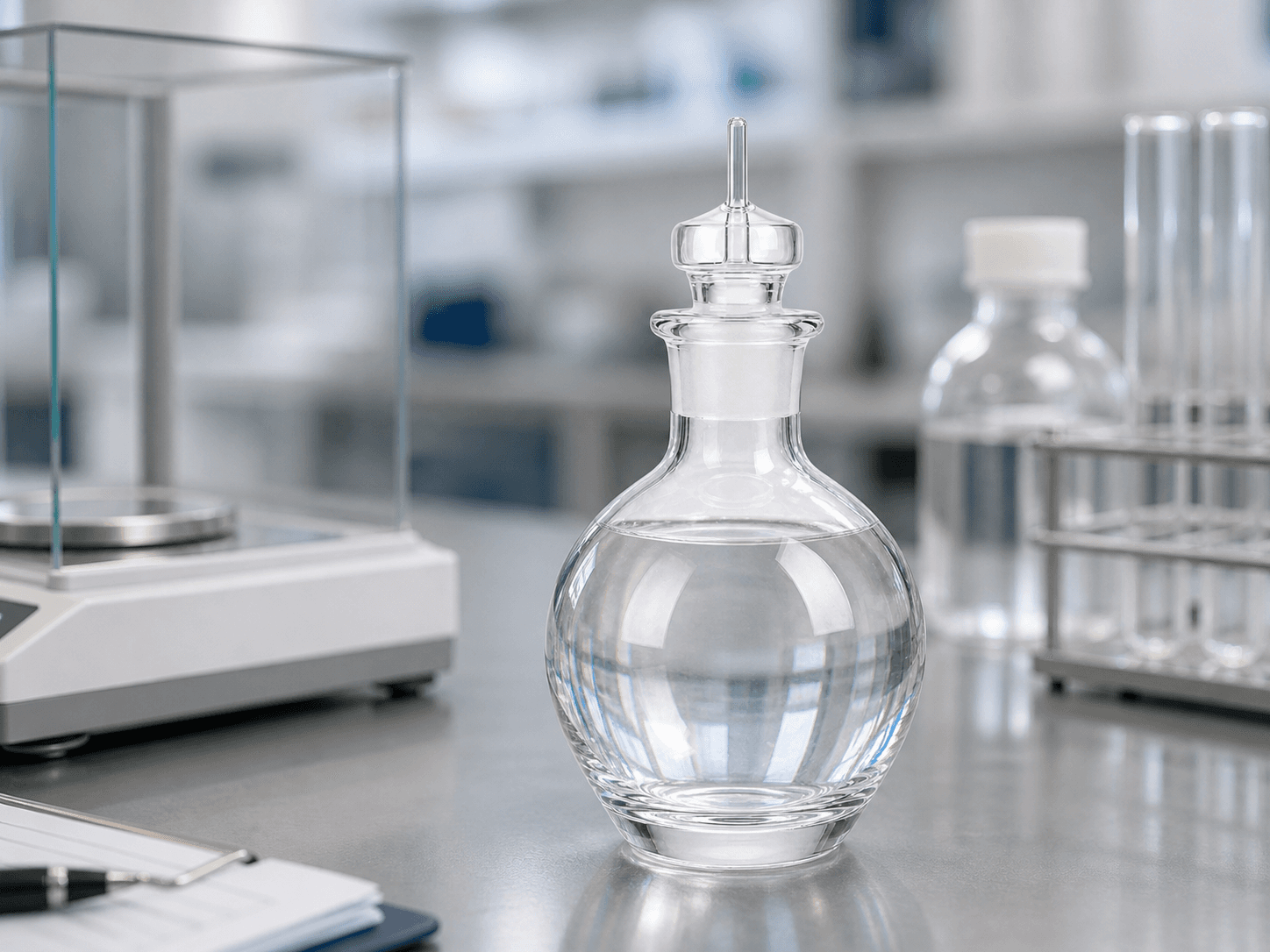 Pycnometer used for liquids weighed at a fixed volume in a density determination setting