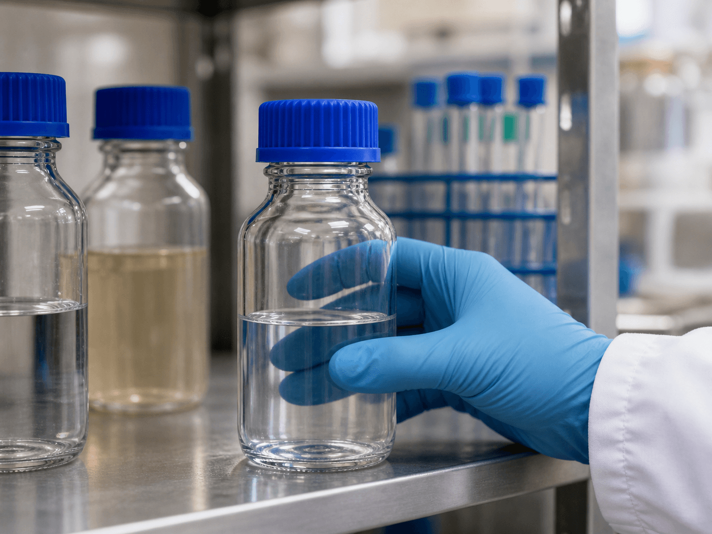 Reagent Storage Bottle used for reagents made up and kept on a shelf in a prepared solutions setting