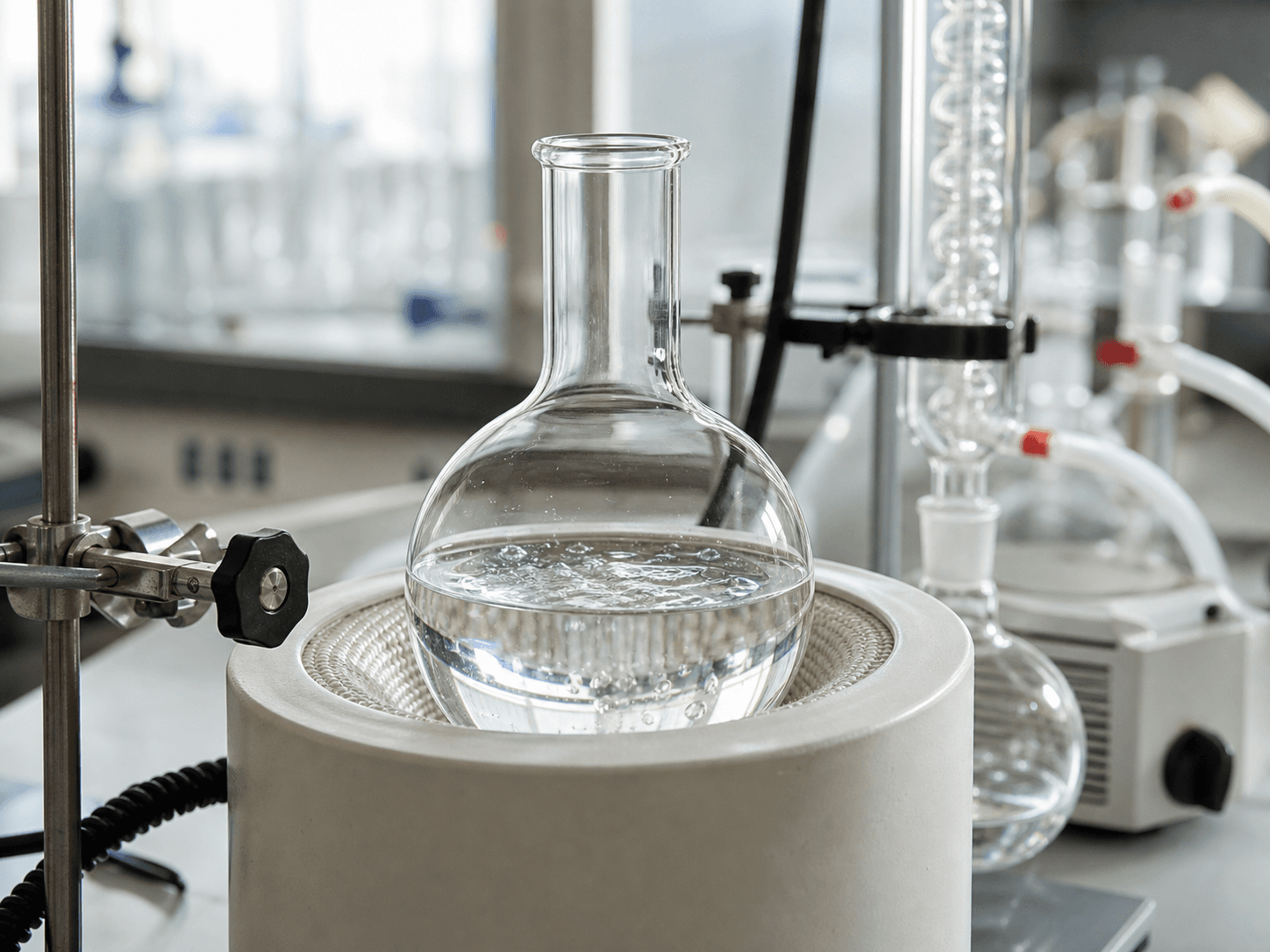 Round-bottom Flask used for flasks heated for hours in a mantle in a reflux and distillation setting