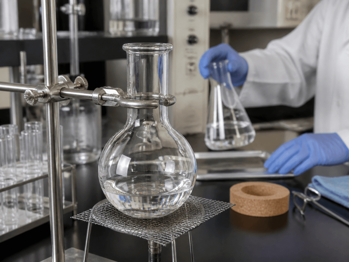 Round-bottom Flask used for a flask that cannot be put down in a crowded benches setting