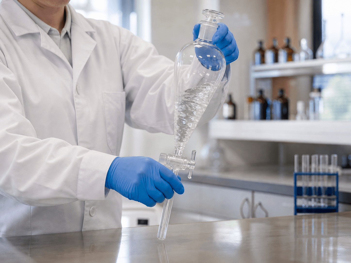 Separating Funnel used for shaking volatile solvents in a closed vessel in a extractions by hand setting