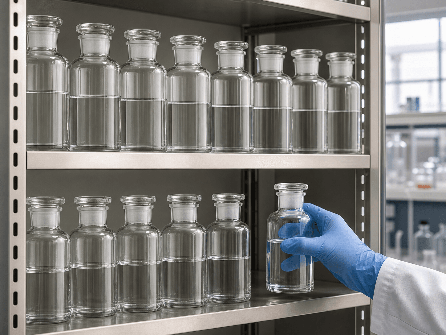 Wide-mouth Reagent Bottle used for a shelf of bottles that look the same in a shared stores setting