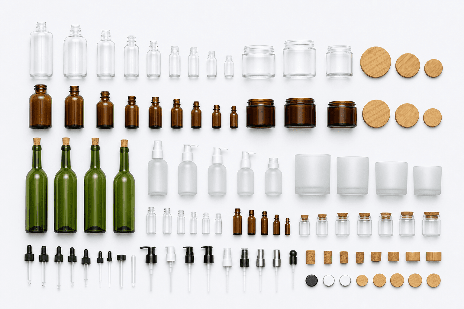 Top-down flat-lay of Bulkglasspack's wholesale glass packaging range — bottles, jars, vials, droppers, pump bottles, and closures arranged by type