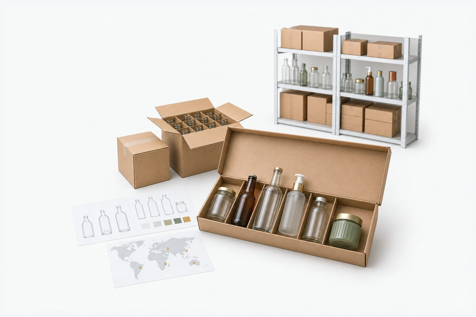 Kit d’échantillons pour distributeur d’emballages en verre avec catalogues produits, supports de planification territoriale, stock conditionné et rayonnages locaux