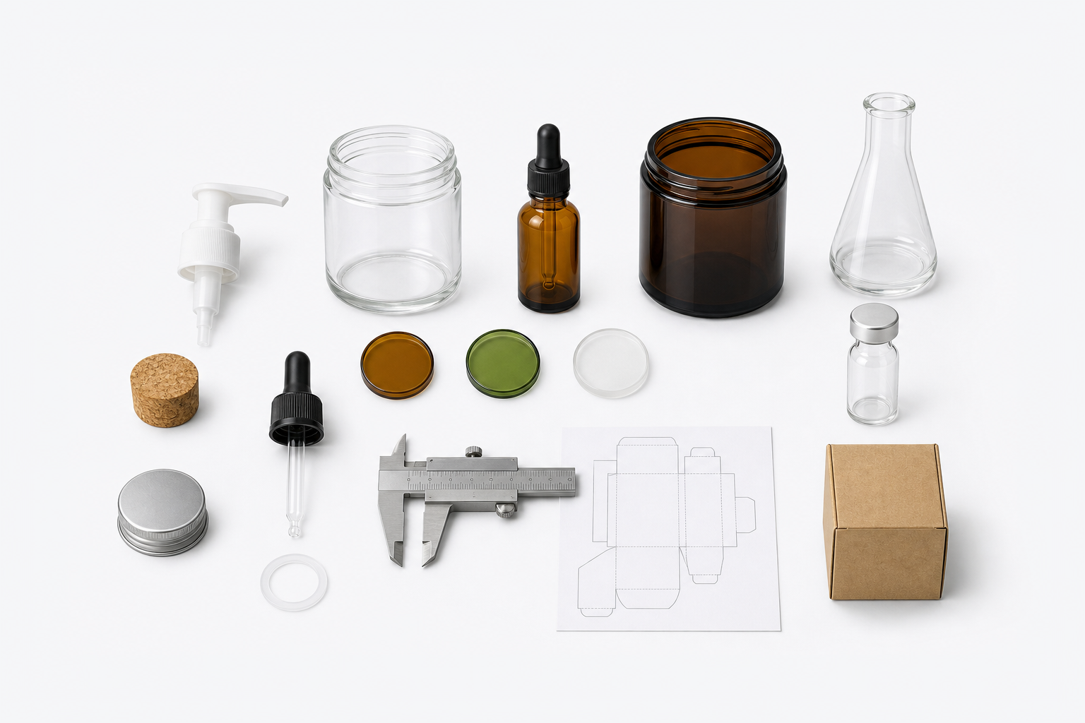 Poste de spécification d’emballages en verre avec contenants alimentaires, cosmétiques, bougies, laboratoire et pharmacie, fermetures, échantillons de finitions, pied à coulisse, plan de carton et caisse destinée à l’exportation
