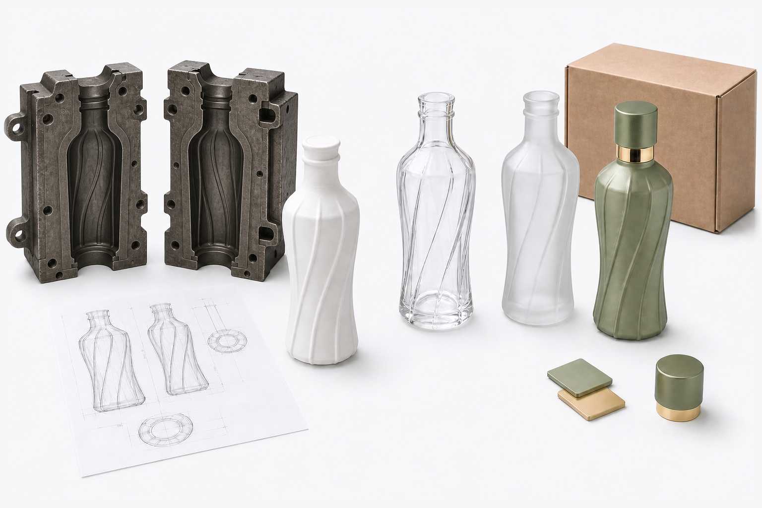 Atelier de développement d’emballages en verre OEM avec dessin conceptuel, moule de bouteille ouvert en deux parties, prototypes, échantillons de finition et carton destiné à l’exportation