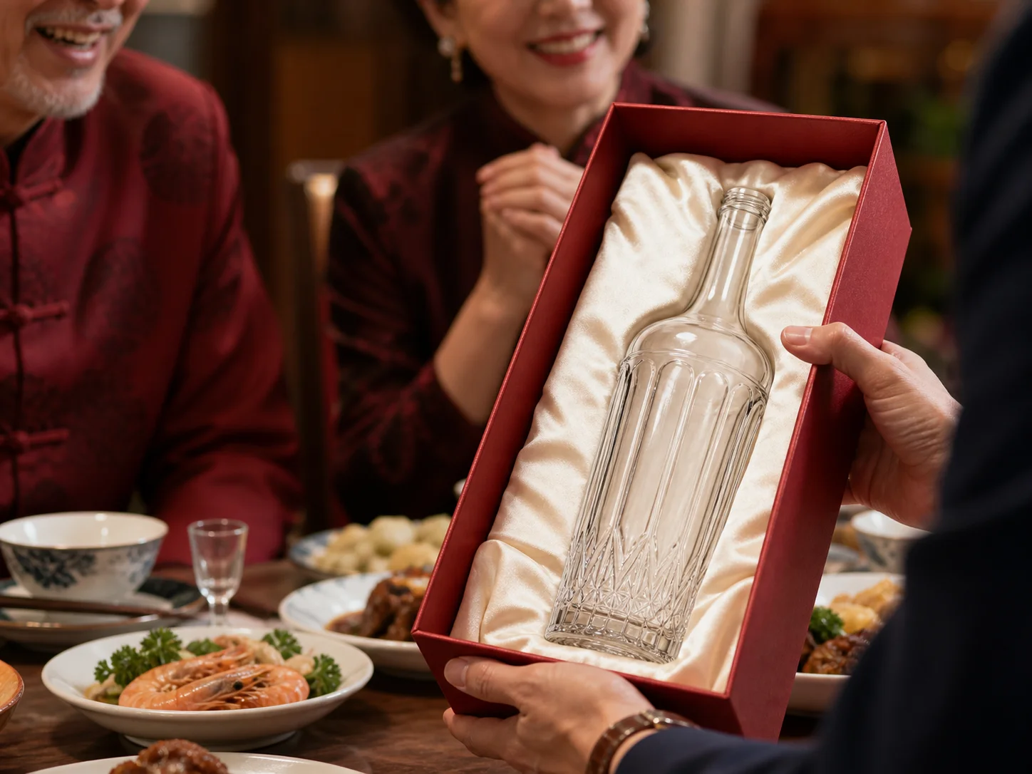 Bouteille pour baijiu présentée lors d’un banquet ou d’une fête, dans un contexte de cadeau