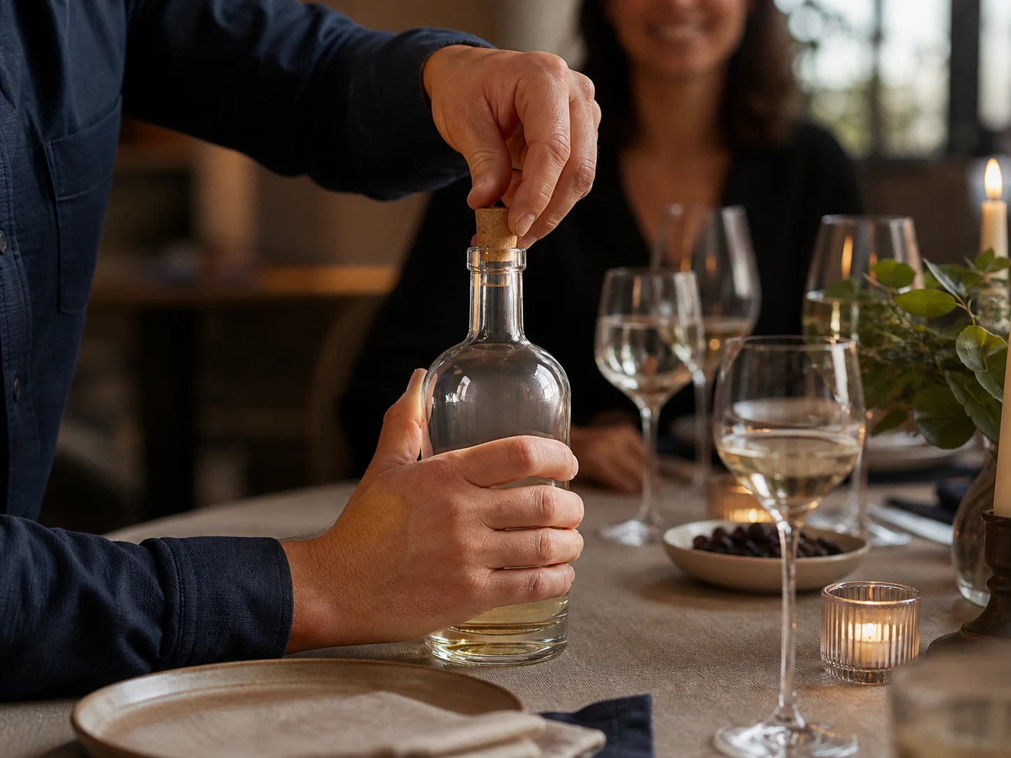 Bouteille à bouchon en liège ouverte à table, pour le service et les cadeaux