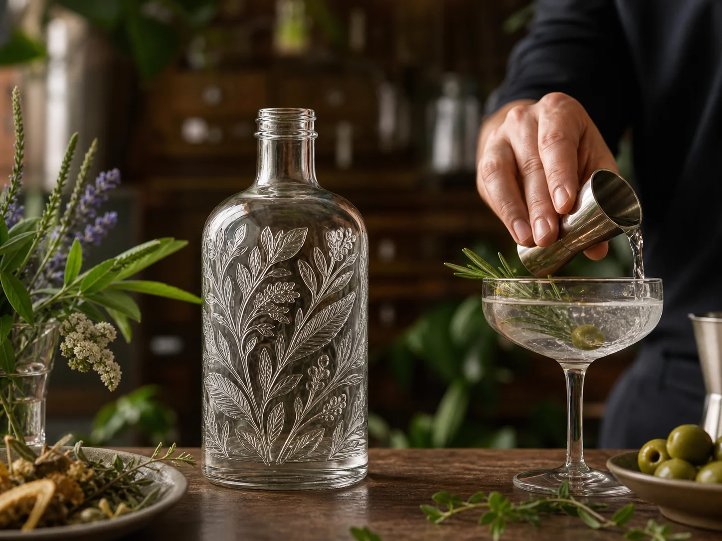 Bouteille à relief botanique moulé utilisée pour le gin, le vermouth et les liqueurs aux plantes